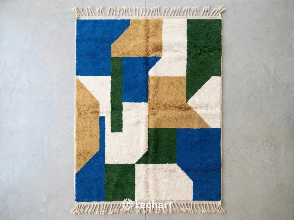 Handwoven custom Beni Ourain Moroccan rug featuring plush white wool with geometric diamond patterns in Moroccan blue, Aztec gold, and fir green. Traditional fringe details.