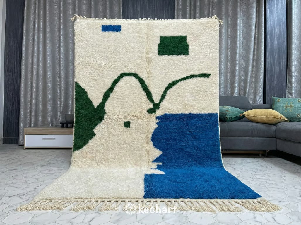 Custom Size Beni Ourain Rug - Handwoven Moroccan Wool in Cream, Blue & Green