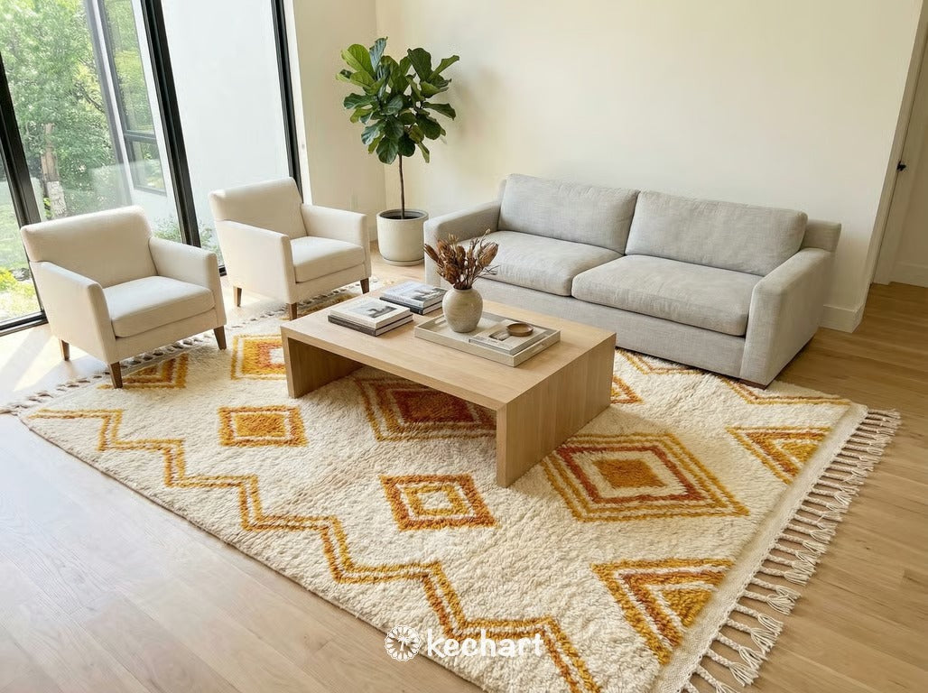 Plush saffron yellow shaggy wool rug placed partially under a bed in a bohemian minimalist bedroom setting, adding warmth and texture to the hardwood floor.