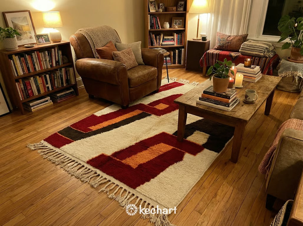 Custom Beni Ourain Rug - Handmade Moroccan Wool in Crimson, Orange & Cream