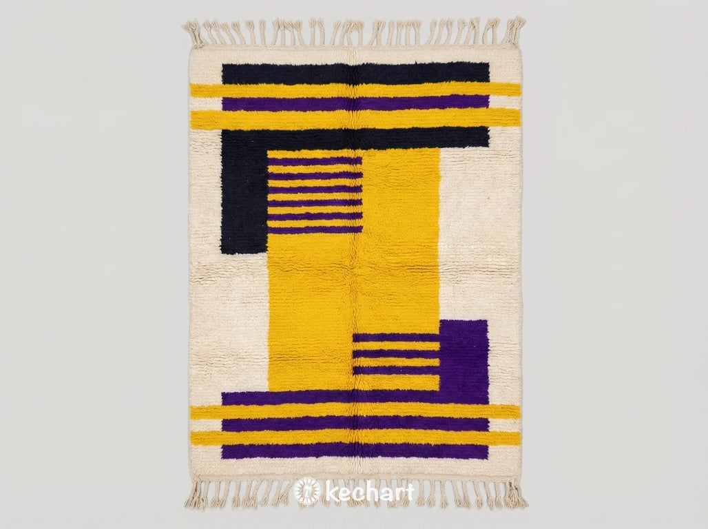 Custom Beni Ourain Moroccan rug showing plush wool texture and vibrant geometric diamond pattern in Night Sky blue, Sunflower yellow, and Violet Indigo with traditional fringe.
