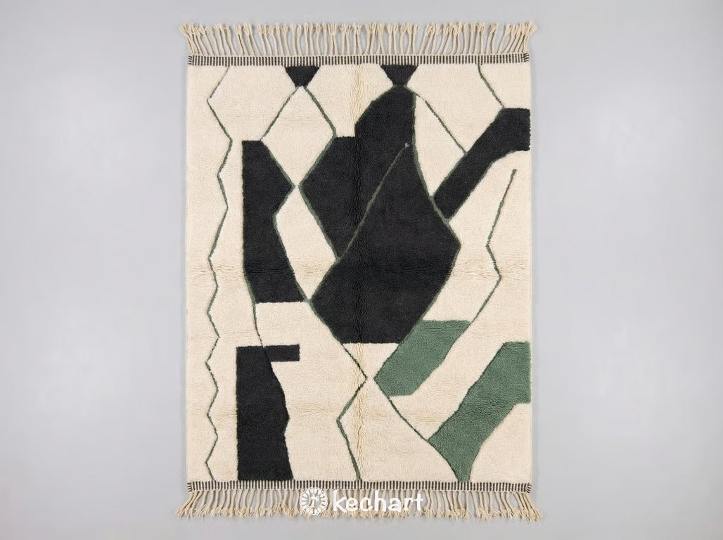 Custom Beni Ourain Moroccan rug handwoven with plush cream wool, featuring a medium density geometric diamond pattern in charcoal and silver pine tones with traditional fringe.