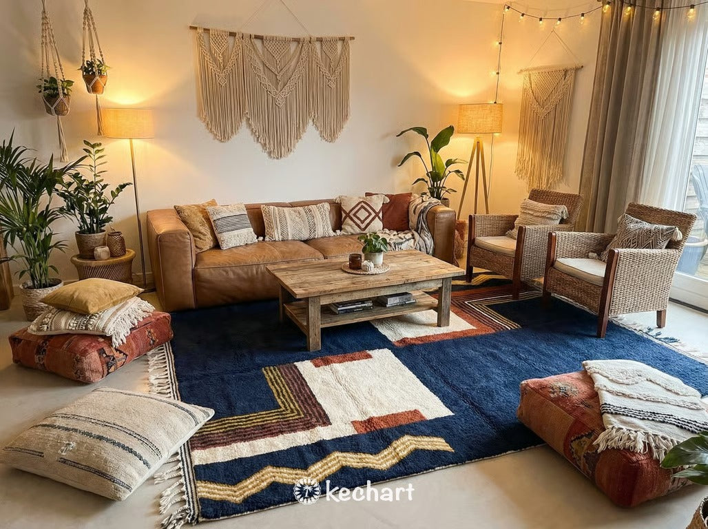 Large custom size handwoven Moroccan area rug anchored in a modern bohemian living room, complementing neutral furniture with its warm rust and cream geometric design.