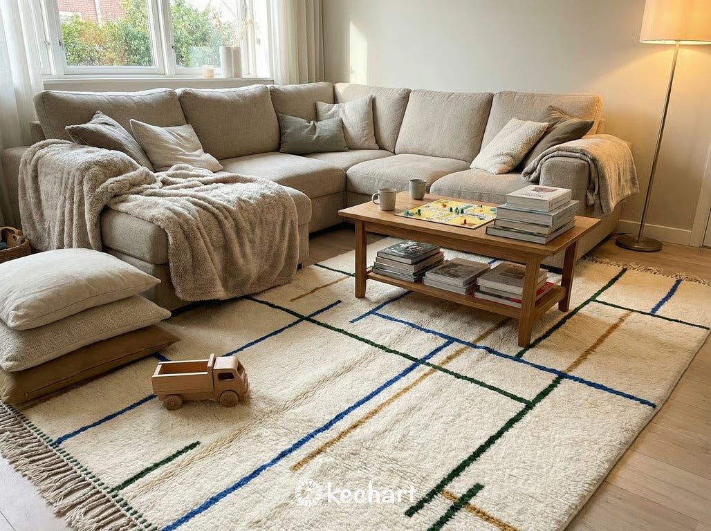 Custom Size Beni Ourain Rug - Handwoven Geometric Wool in Blue & Gold