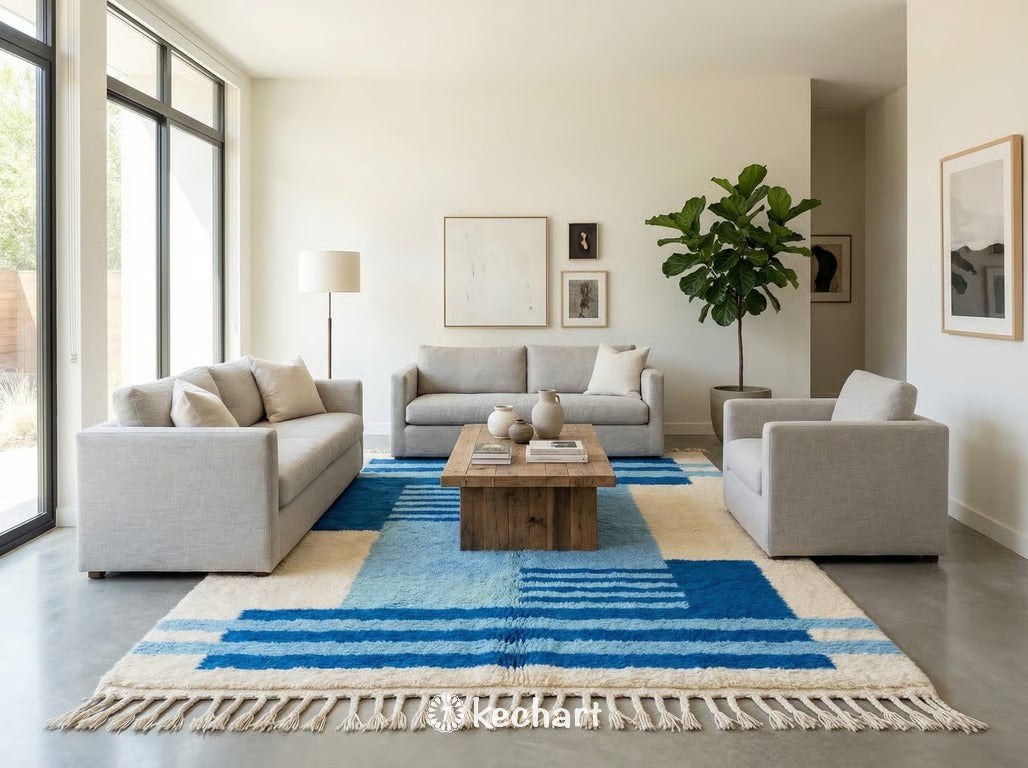 Close-up detail shot demonstrating the thick, hand-knotted wool texture and high pile of the Beni Ourain rug, highlighting the natural cream fibers and dyed blue yarn.