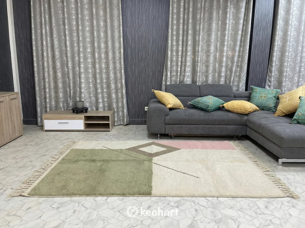 Custom Size Beni Ourain Rug - Moroccan Wool Rug in Sage & Pink Geometric