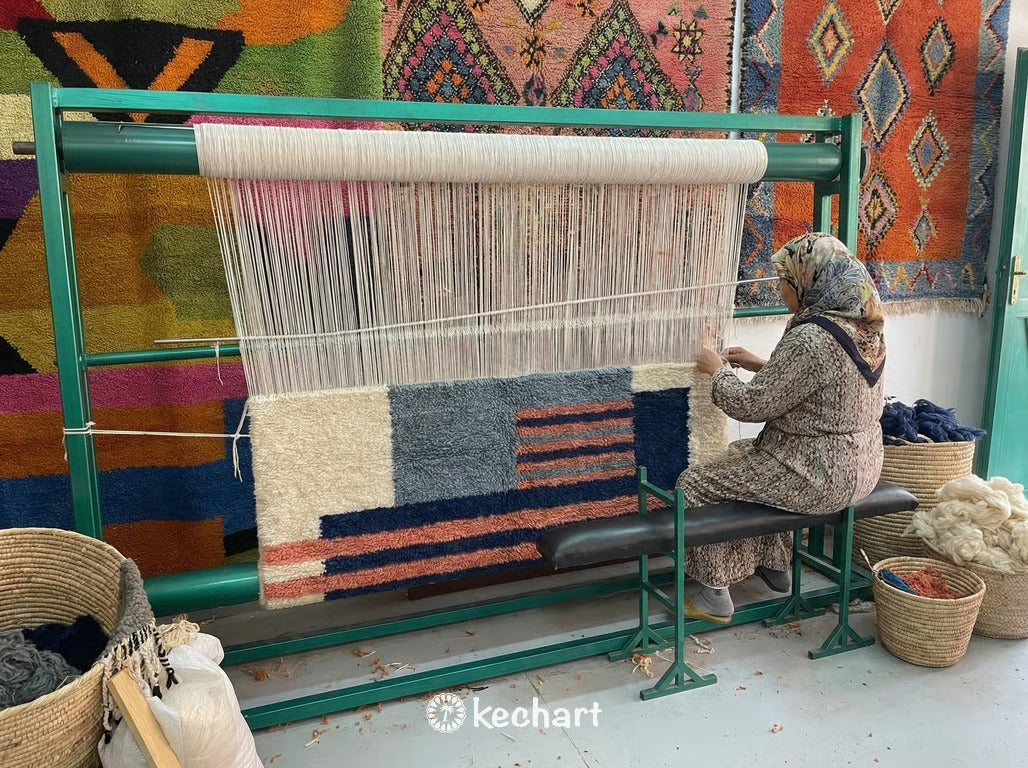 Custom Beni Ourain Rug - Made to Order Moroccan Wool with Blue Diamond Pattern
