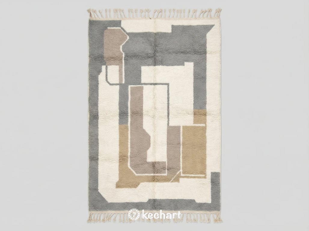 Custom Beni Ourain Moroccan rug, handwoven from plush wool with a soft white base and geometric diamond pattern in cool grey, taupe, and sand tones. Traditional fringe details. Made to order.