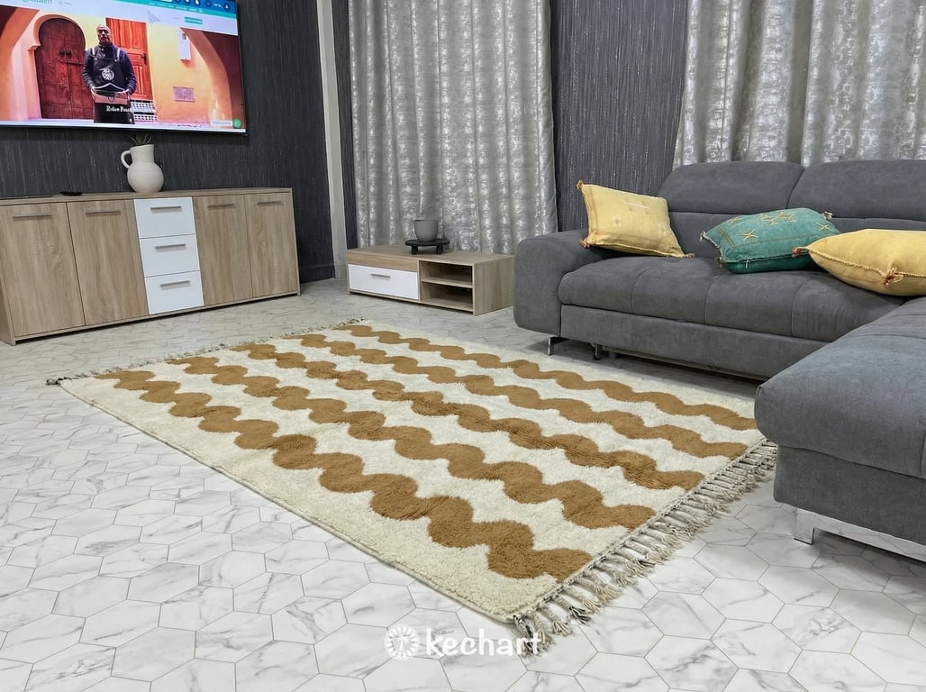 Large shag Berber rug in a bohemian bedroom setting, showing the thick texture of the hand-knotted cream and camel wool against hardwood floors.