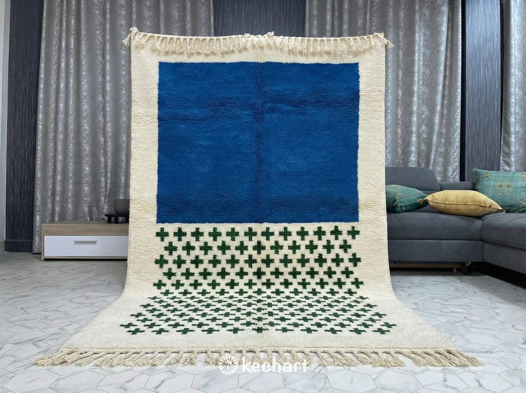 Custom Beni Ourain Rug - Made to Order Moroccan Wool in Blue, Green & Soft White