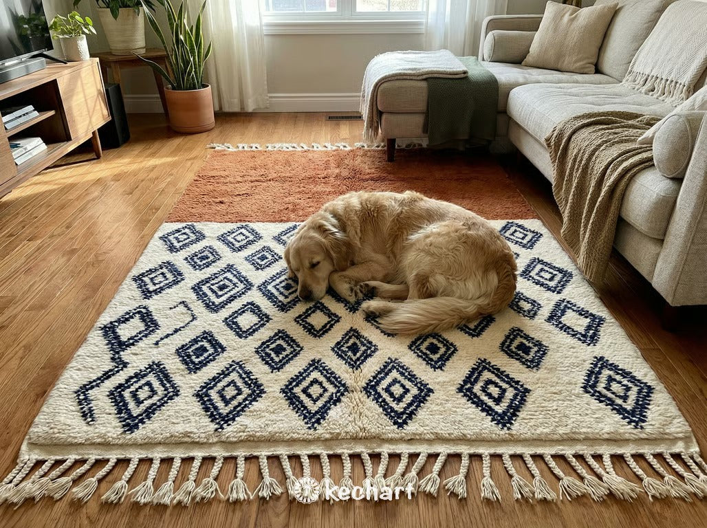 Made to Order Beni Ourain Rug - Custom Moroccan Wool, Rust & Navy Diamonds
