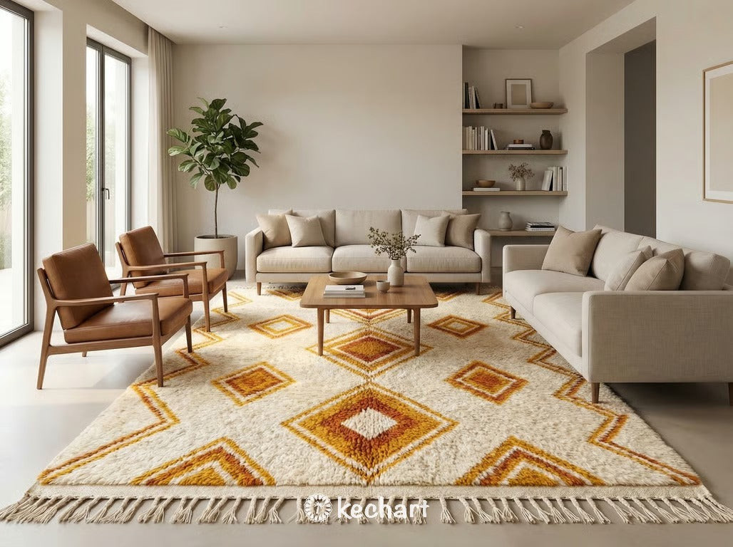 Close-up detail shot showing the thick, hand-knotted Atlas wool pile and traditional braided fringe of a custom-made yellow Beni Ourain rug.