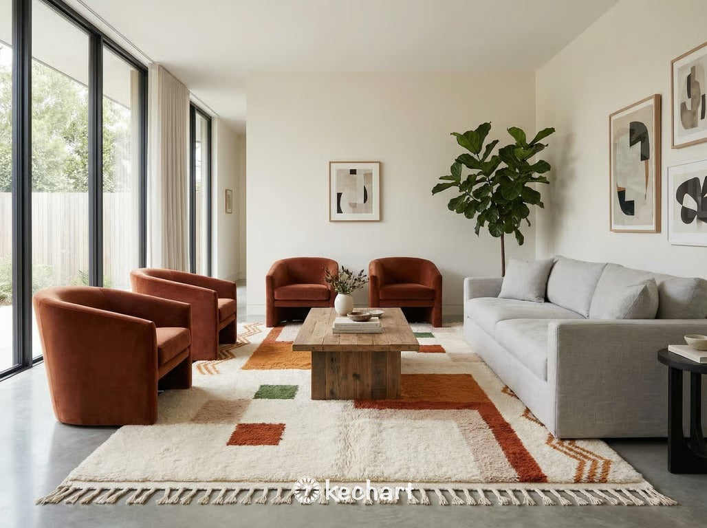 Plush Beni Ourain shag rug shown in a bedroom setting, adding warmth and texture right next to a bed.