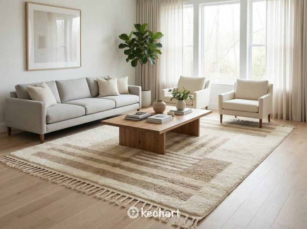Large custom size Beni Ourain area rug anchored in a minimalist living room with a white linen sofa and natural wood coffee table.