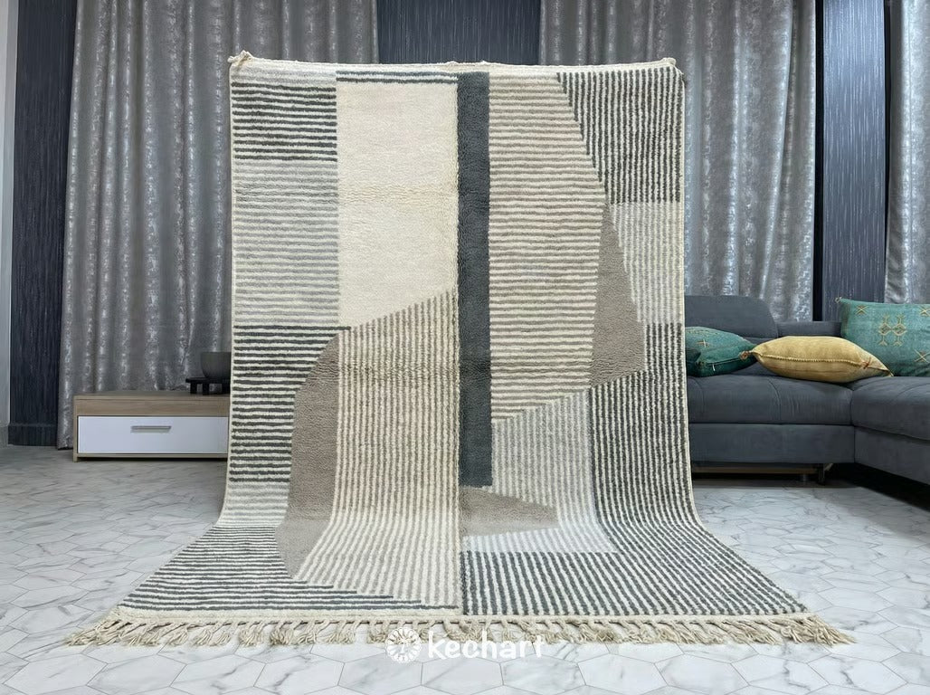 Custom Beni Ourain Moroccan Rug - Handwoven Wool in Grey & White Geometric Design