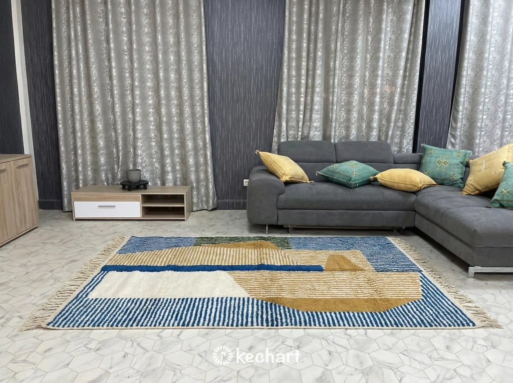 Bespoke Moroccan wool rug shown in a bright nursery setting, providing a soft and safe play area with stylish geometric patterns.