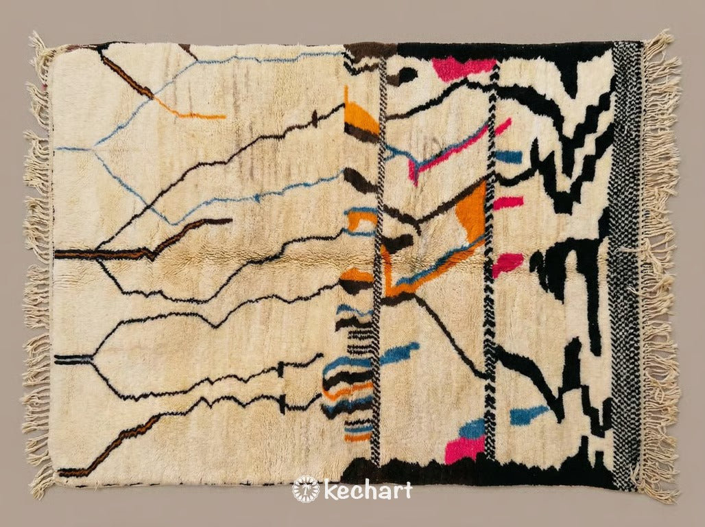 Custom Beni Ourain Moroccan wool rug featuring geometric diamonds in oxblood red, beige, and earth tones with traditional fringe. Plush handwoven texture flat lay.