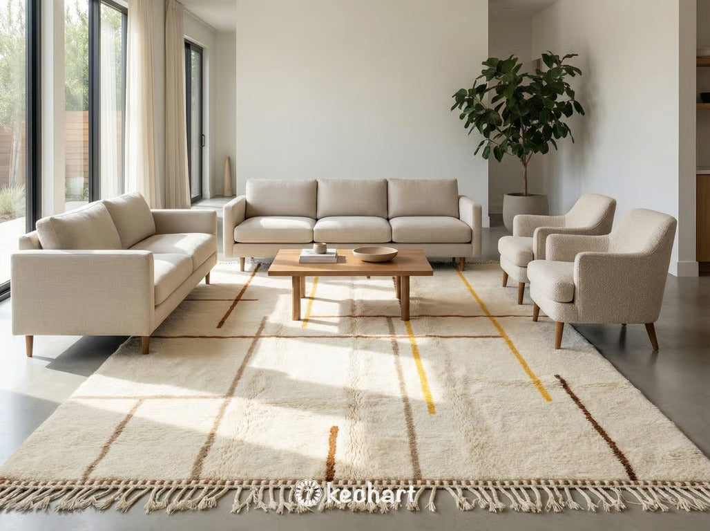 Large custom Moroccan area rug with a geometric diamond design in saffron and beige hues, positioned under a bed in a serene, bohemian-style master bedroom.