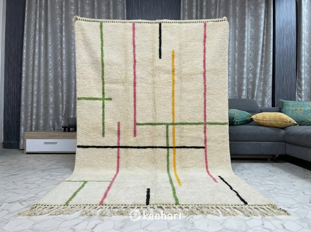 Close-up detail shot showing the thick wool pile and handwoven craftsmanship of the vibrant geometric diamond pattern on a custom Moroccan rug.