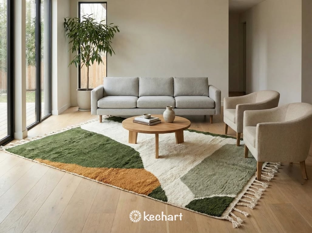 Shaggy bespoke Beni Ourain wool rug in sage and olive tones placed under a bed in a bohemian minimalist master bedroom.