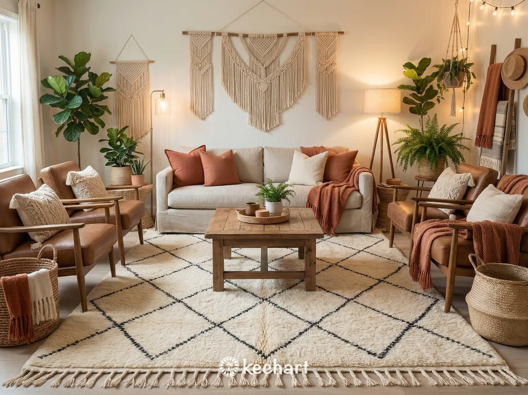 Custom size Moroccan Beni Ourain rug anchoring a modern bohemian living room with a neutral linen sofa and rustic wood coffee table.