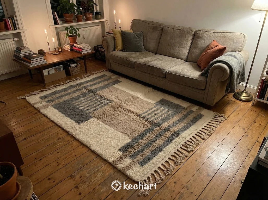 Custom Beni Ourain Rug - Handwoven Moroccan Wool, Grey & Taupe Geometric Diamonds