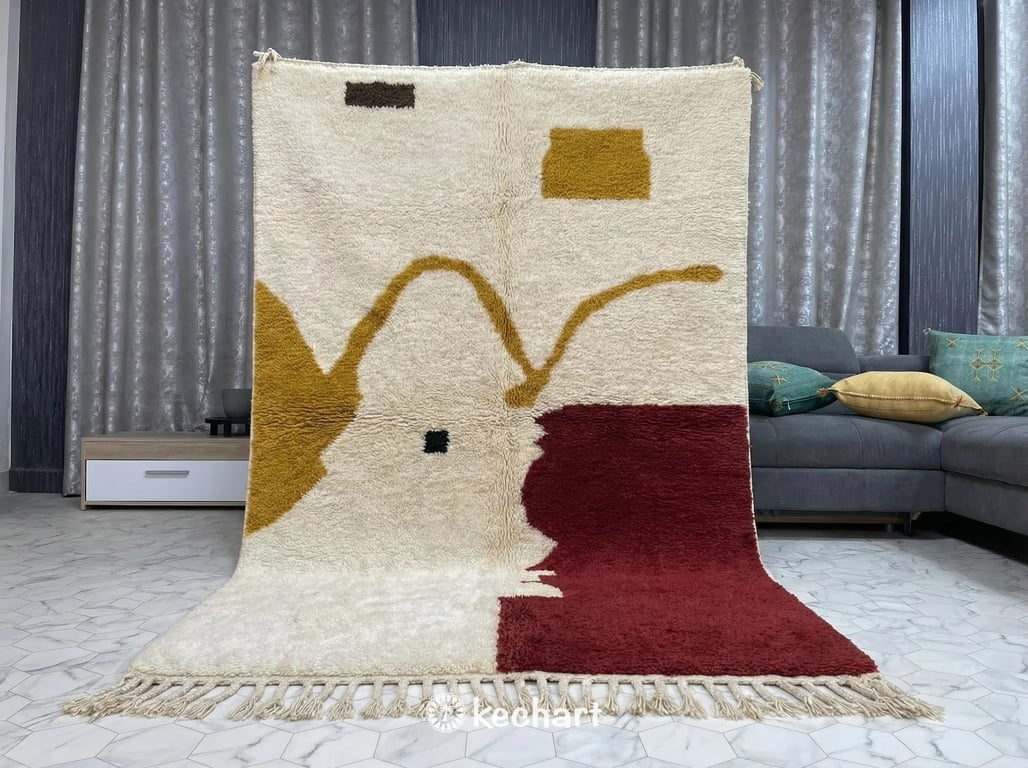 Custom Size Beni Ourain Rug - Handwoven Geometric Wool, Earth Tones & Red