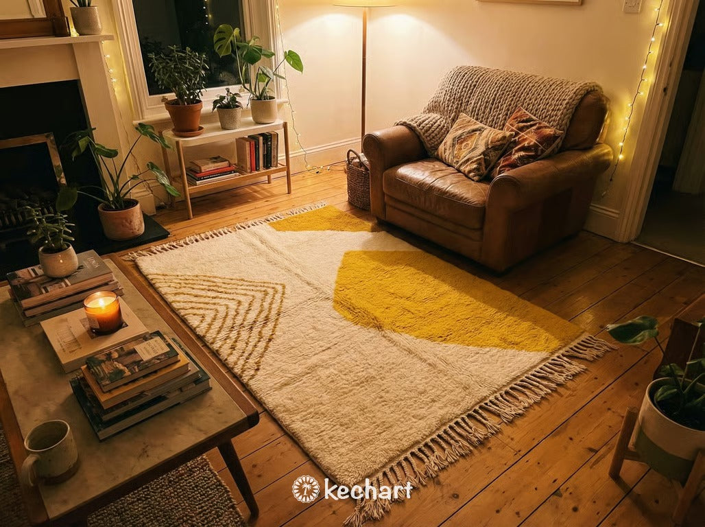 Custom Size Beni Ourain Rug - Handwoven Moroccan Wool, Cream & Sunflower