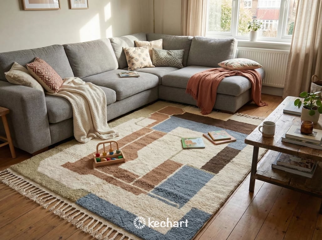 Custom Beni Ourain Moroccan Rug - Sand & Dusty Blue Geometric Wool Area Rug