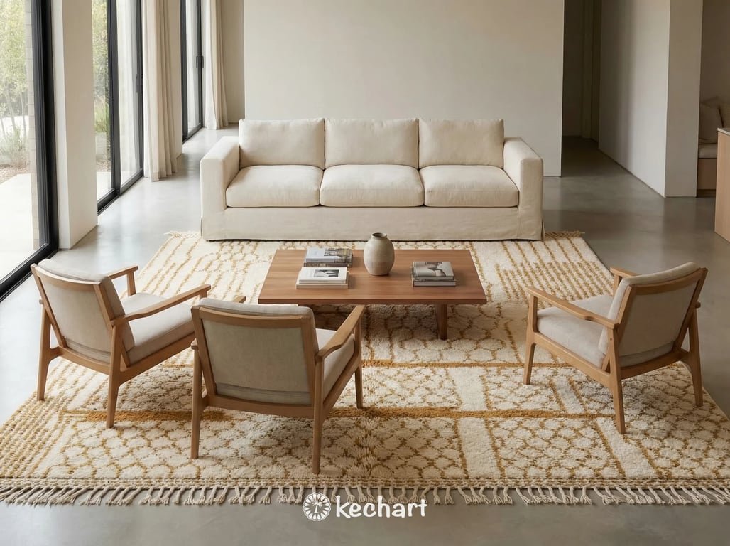 Bohemian modern living room featuring a large custom Beni Ourain rug in cream and desert sun yellow anchoring a white linen sofa and wooden coffee table