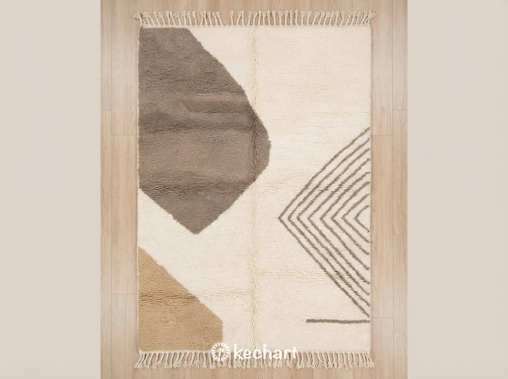 Custom made Beni Ourain Moroccan wool rug featuring a plush shag texture in warm taupe and sandy beige hues with a geometric diamond pattern and traditional fringe.