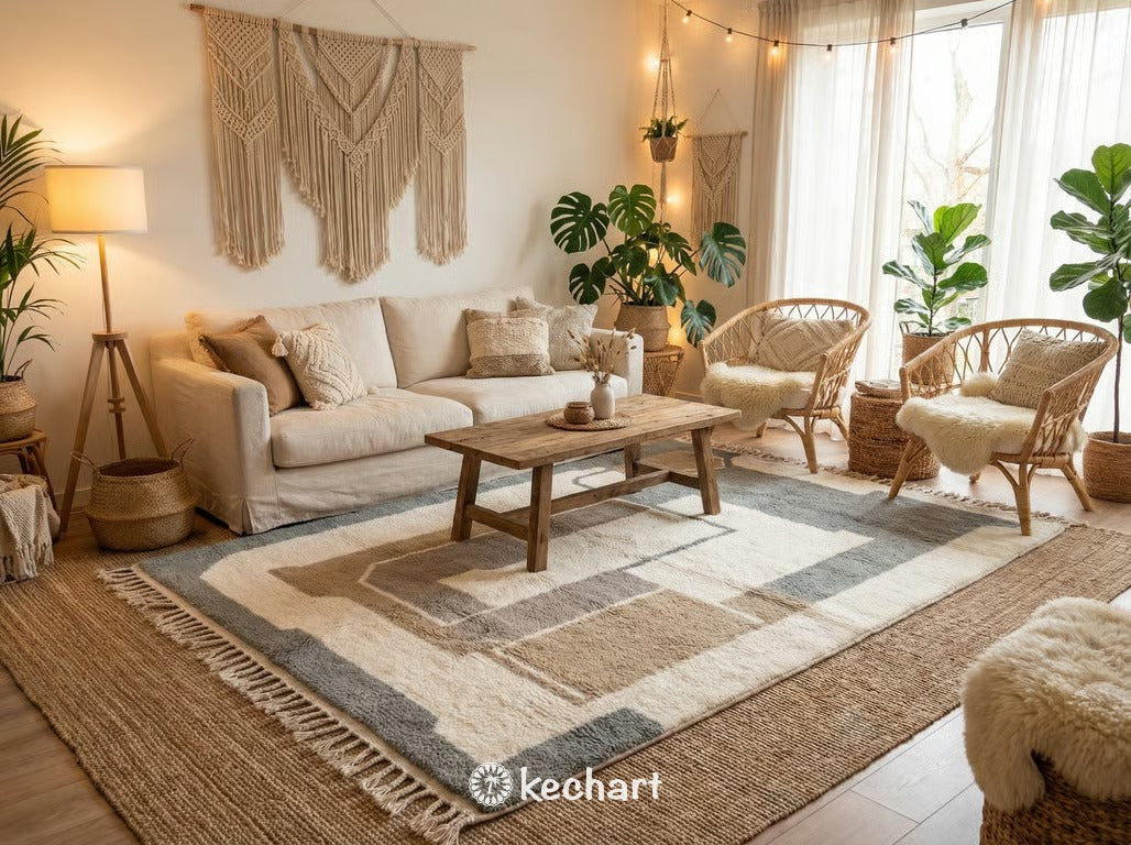 A styled vignette featuring a custom Moroccan area rug in a modern bohemian home office, paired with mid-century modern furniture, a leather chair, and large potted plants.