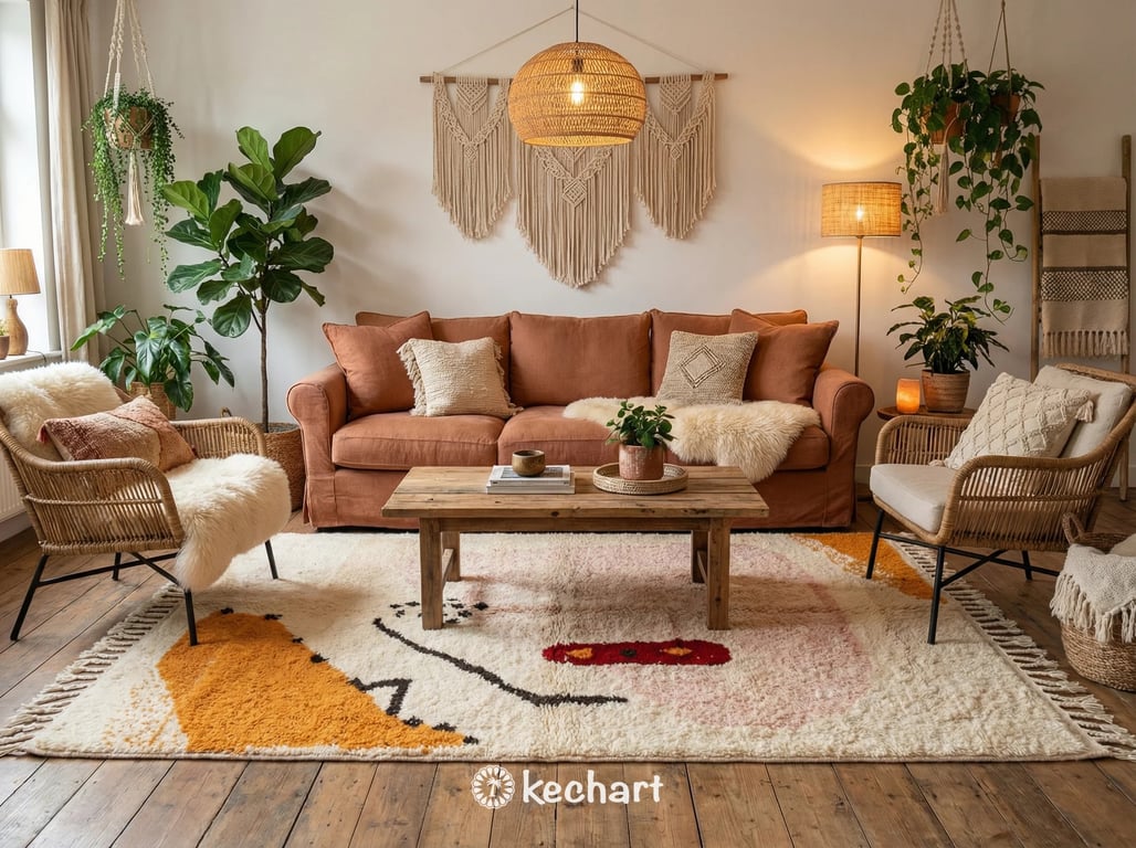 Plush, colorful Moroccan area rug anchoring a bohemian living room setup with a neutral linen sofa and organic wooden coffee table.