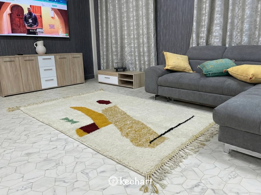 Close Up Detail of Hand-Knotted High Pile Atlas Wool Texture and Traditional Fringe on a Custom Moroccan Beni Ourain Rug