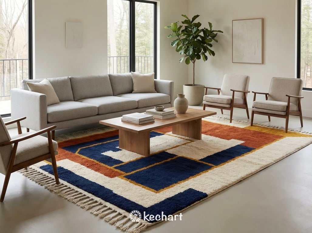 Stylish nursery featuring a colorful custom Moroccan rug with geometric diamonds, adding warmth and texture to the neutral decor.