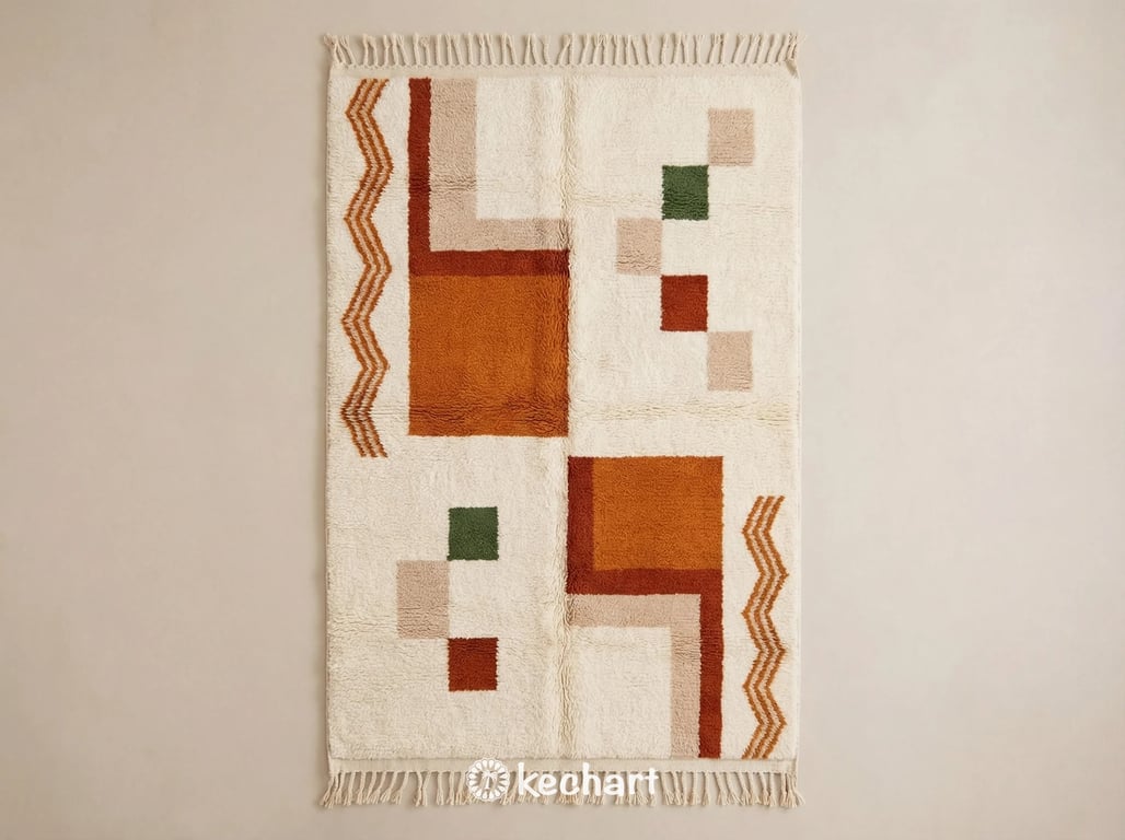 Custom made Beni Ourain Moroccan wool rug featuring geometric diamond patterns in rust, marmalade, pesto green, and beige with traditional fringe.