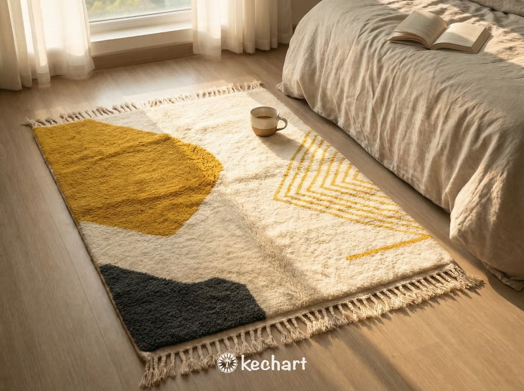 Handwoven Custom Beni Ourain Rug - Natural Cream & Curry Yellow Wool