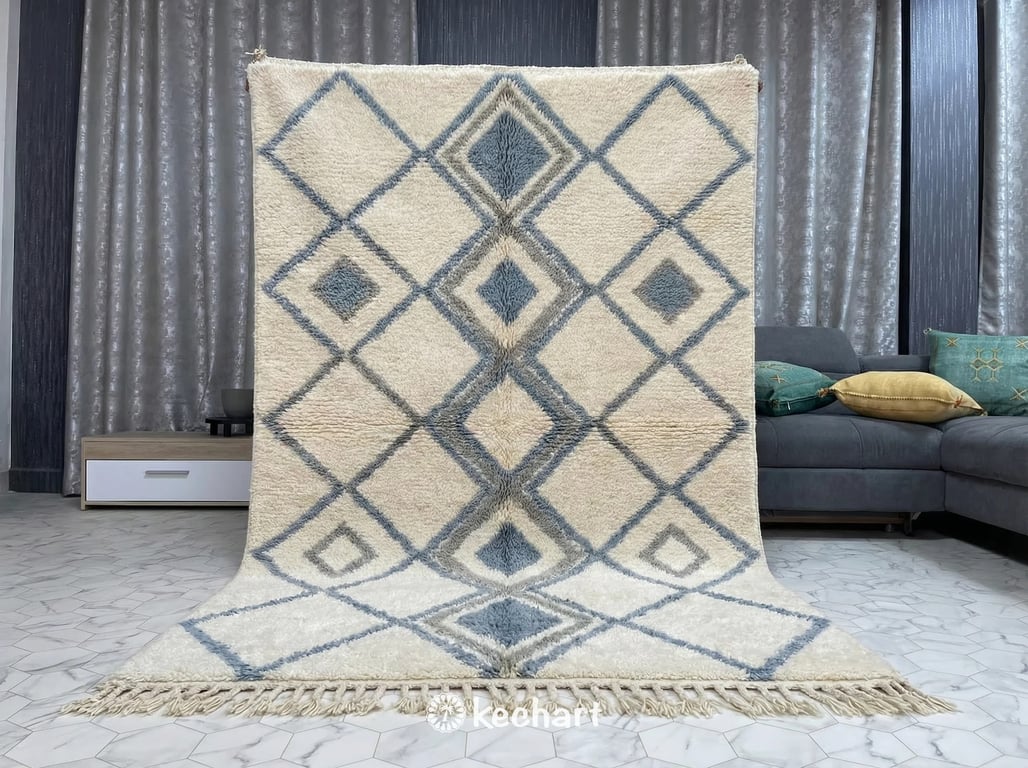 Custom Beni Ourain Rug - Handwoven Moroccan Wool with Organic Blue & Grey Pattern