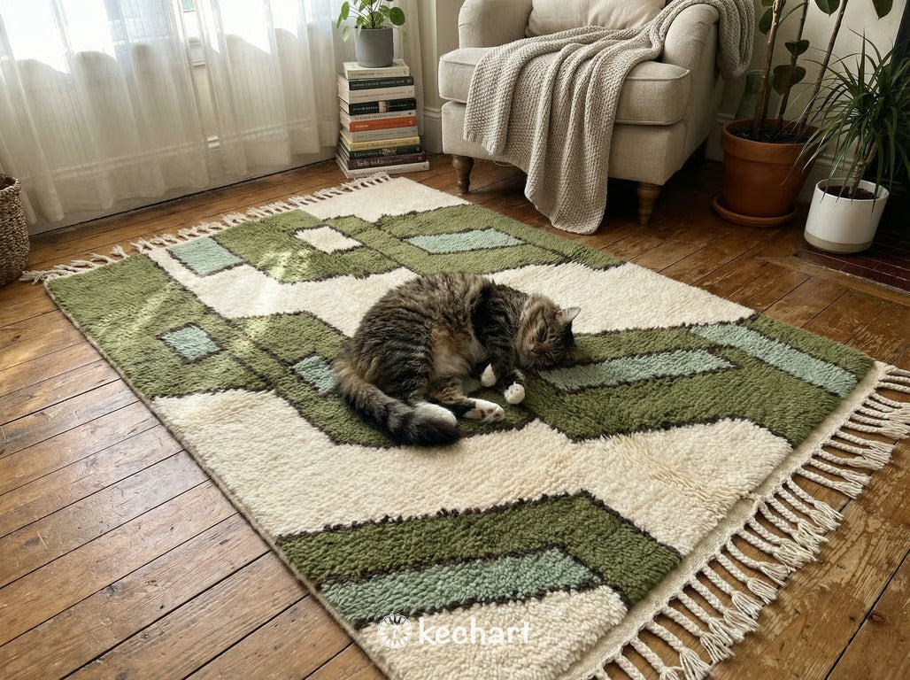 Custom Size Beni Ourain Moroccan Rug - Olive, Sage & Beige Wool