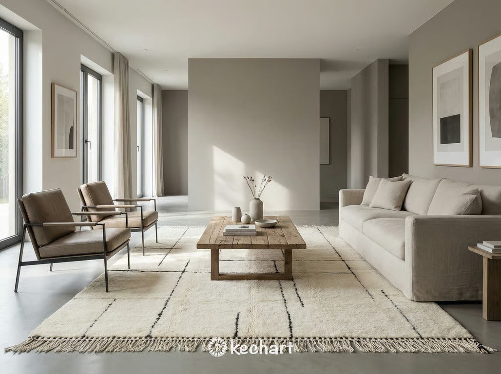 Styled modern living room featuring a large, custom plush Beni Ourain area rug anchoring a neutral sofa and rustic wooden coffee table.