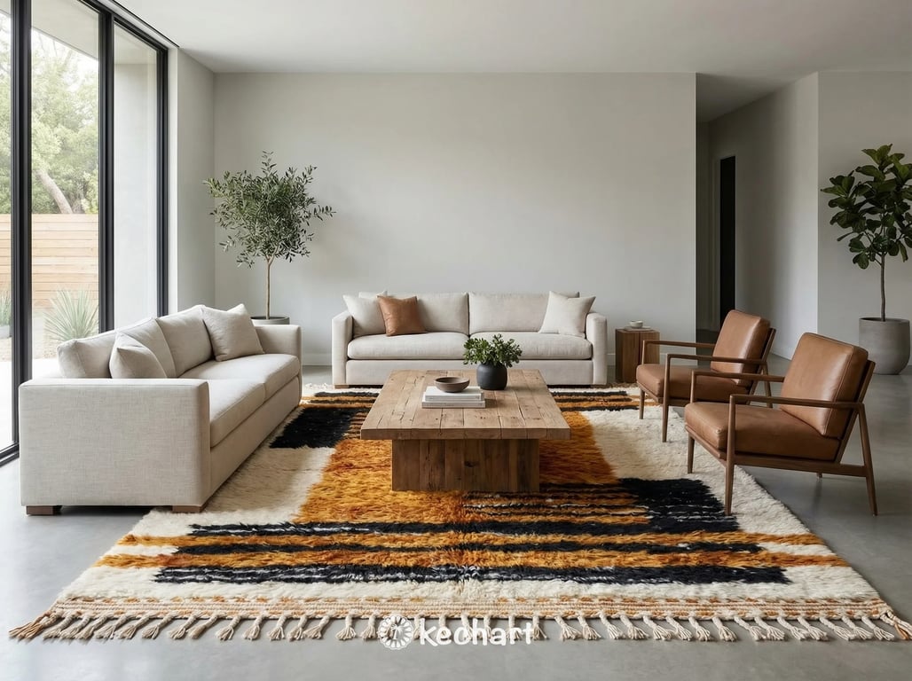 Textured artisanal Moroccan wool rug in sierra and beige tones adding warmth to a stylish contemporary nursery next to a crib.
