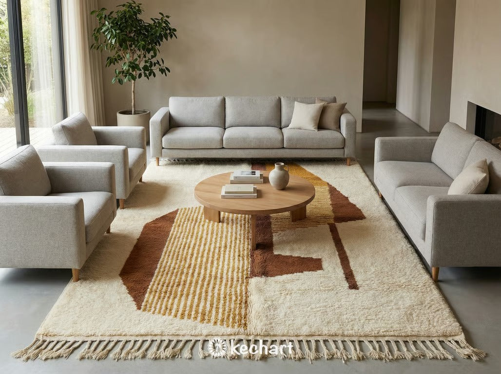 Plush handwoven Beni Ourain shaggy rug placed partially under a queen-sized bed in a cozy, minimalist bedroom setting.