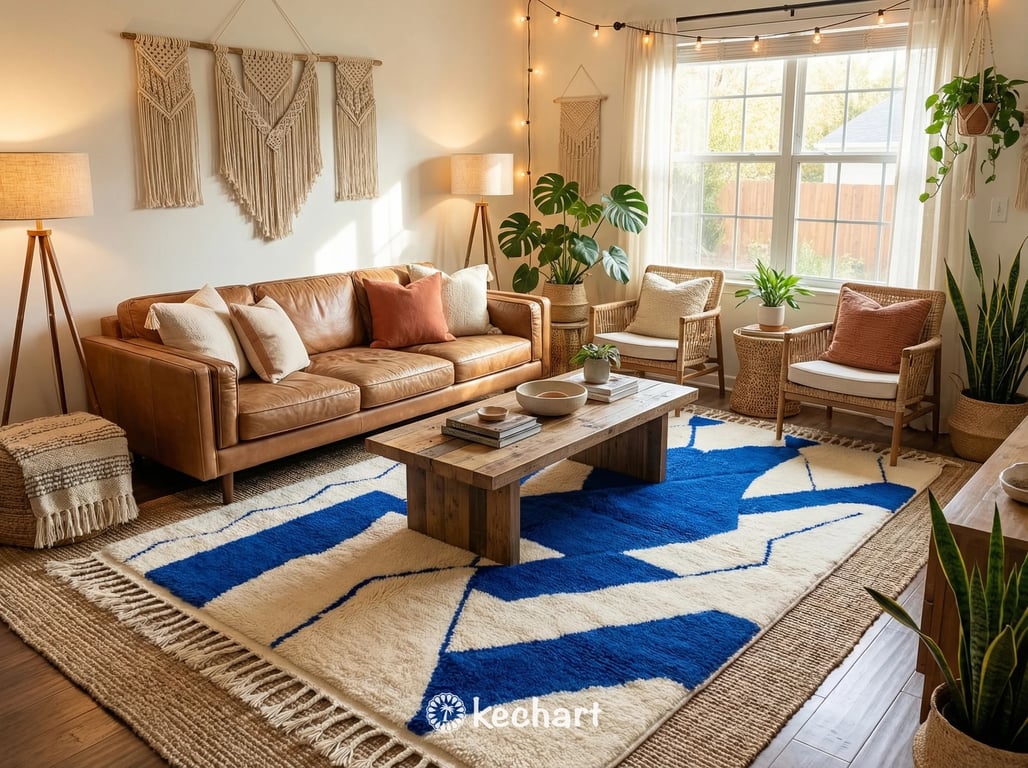 Close-up view of the high-pile hand-knotted wool fibers of a Beni Ourain rug, highlighting the contrast between natural cream and cobalt blue dyes.