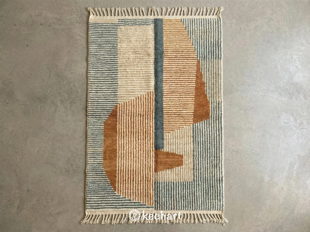 Custom made Beni Ourain Moroccan wool rug flat lay showing plush shaggy texture, sand base with Sahara Brown and Dusty Blue Grey geometric diamond pattern and traditional fringe.