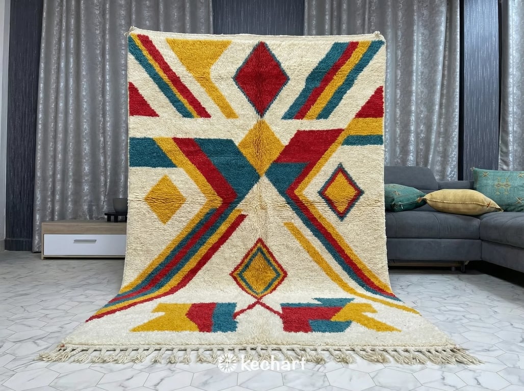 Custom Beni Ourain Rug - Made to Order Colorful Moroccan Wool Rug (Saffron, Blue, Red)
