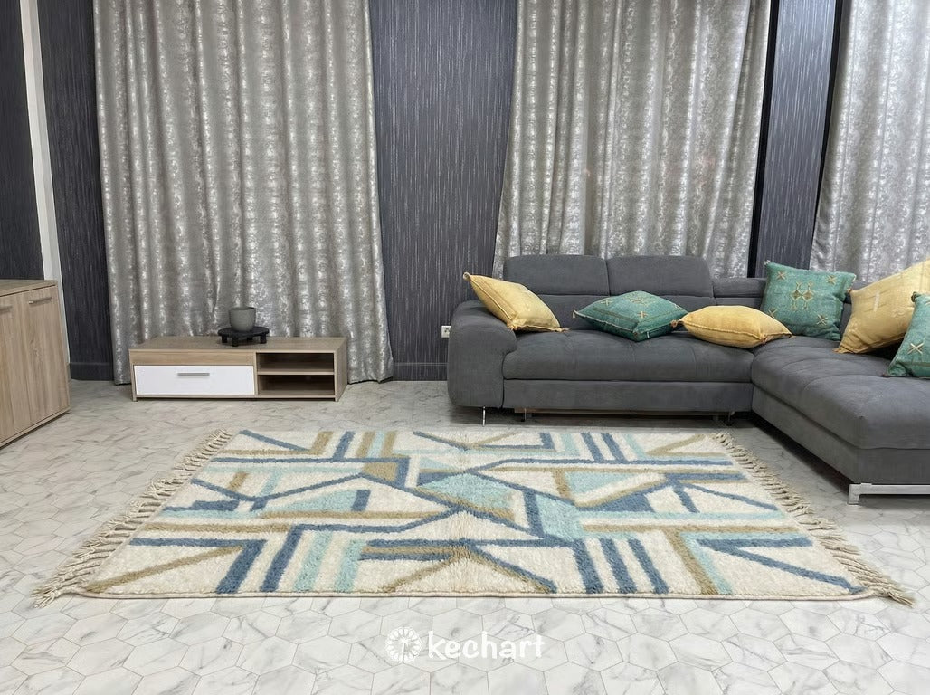 Custom Beni Ourain Moroccan Rug in Dusty Blue & Cream Wool - All Sizes Available