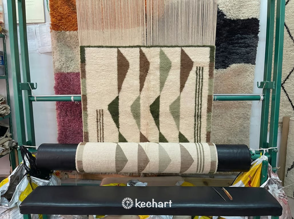 Custom Beni Ourain Moroccan Rug - Plush Wool, Olive & Sage Diamonds