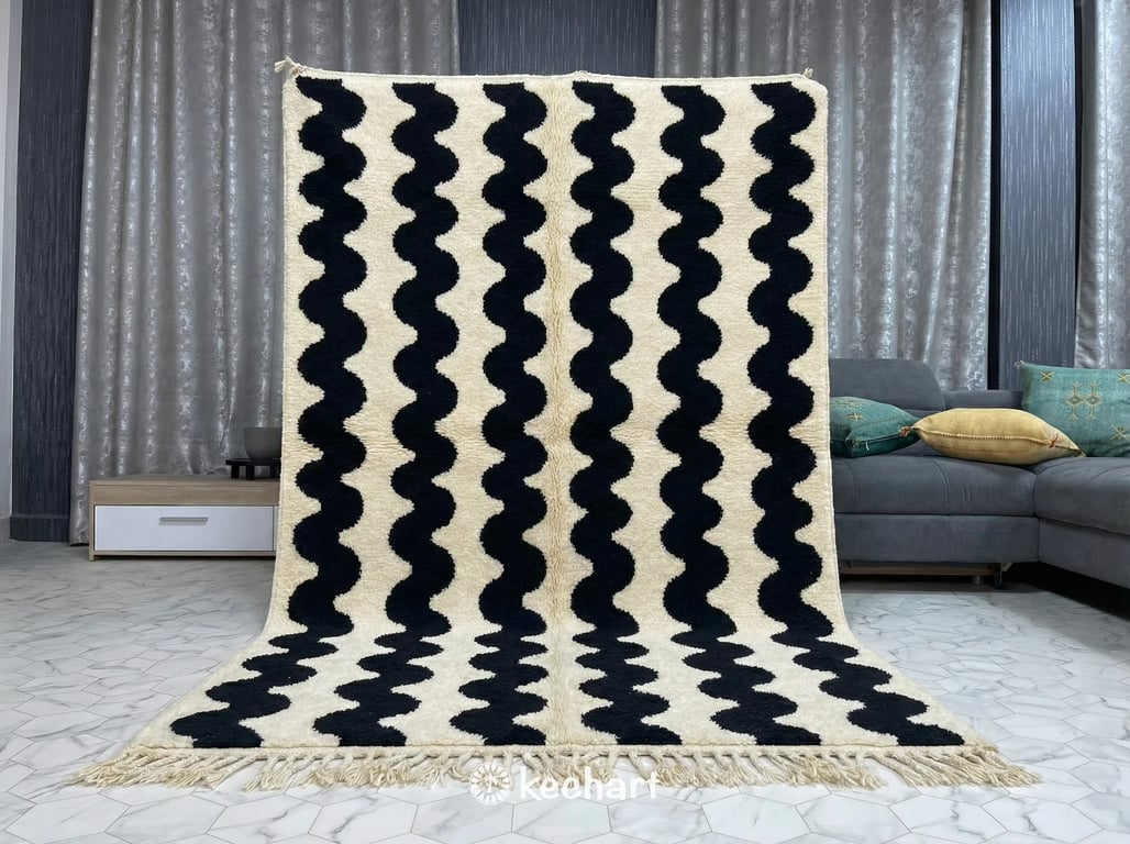 A large custom Beni Ourain wool area rug anchoring a minimalist living room, placed beneath a white linen sofa and a reclaimed wood coffee table.