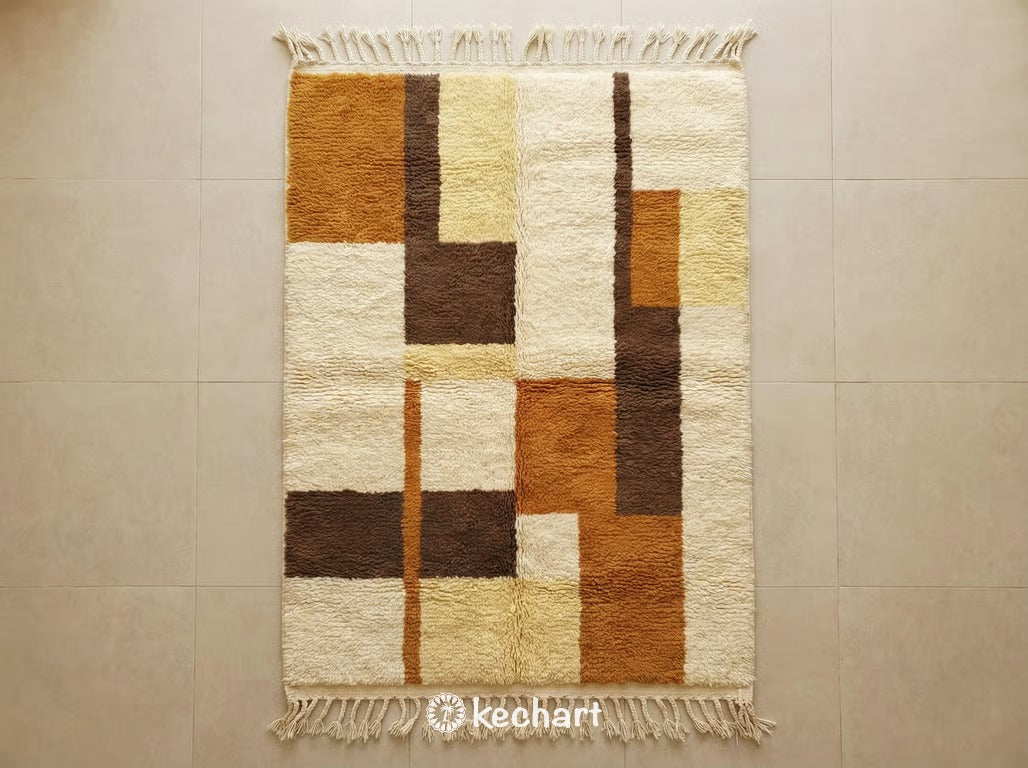 Custom made-to-order Beni Ourain Moroccan wool rug showing plush shag texture and geometric diamond pattern in warm tones of gold flame, toffee, and cream with traditional fringe.