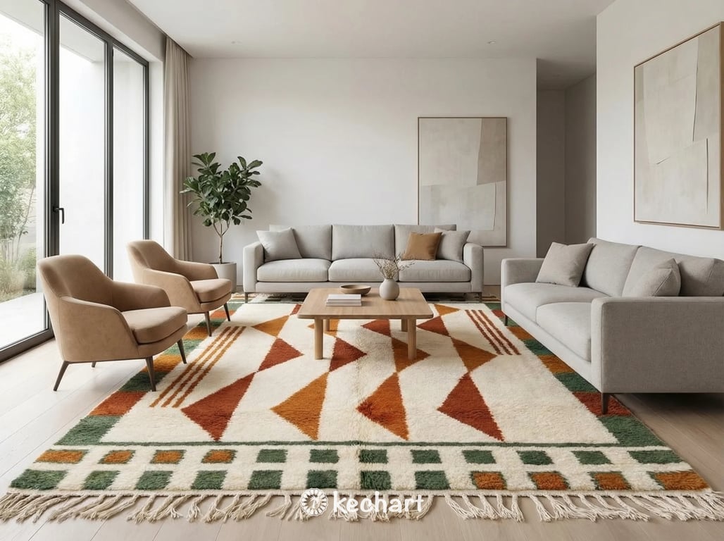 Medium density geometric diamond patterned rug in rust and pesto tones, adding a soft touch to a modern bohemian nursery or home office.